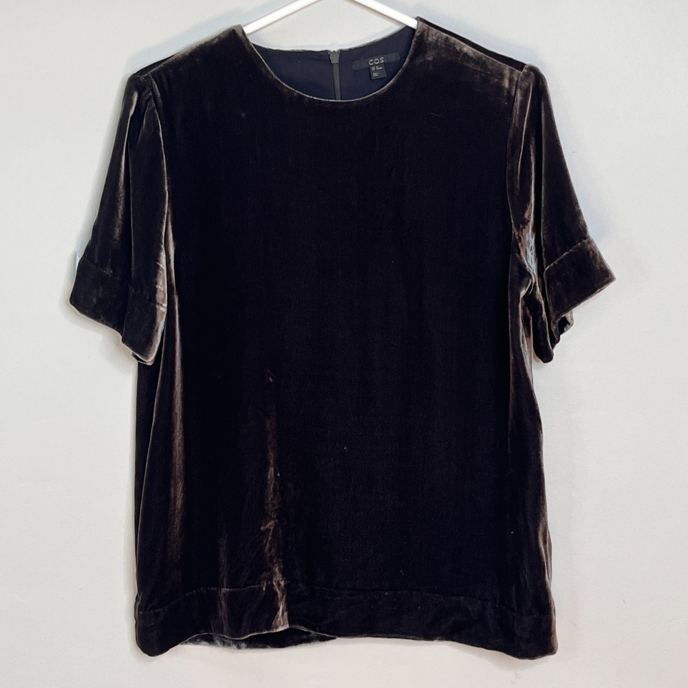 COS Top Womens S Brown Silk-Blend Velvet Short‎ Sleeve Blouse Party Y2K Grunge